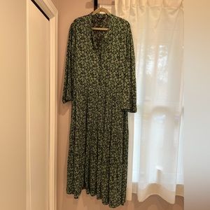Long sleeve green floral print boho midi dress Madewell XXL